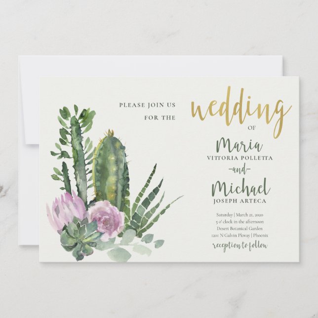 LILAC FLORAL DESERT CACTI FAUNA WATERCOLOR WEDDING INVITATION (Front)