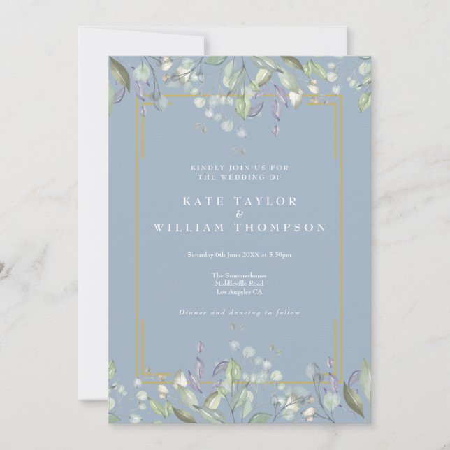 Lilac Floral Dusty Blue All In One Wedding Invitation (Front)