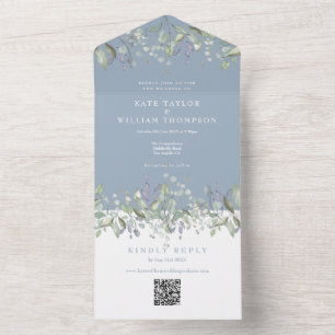 Lilac Floral Dusty Blue Monogram QR Code Wedding All In One Invitation