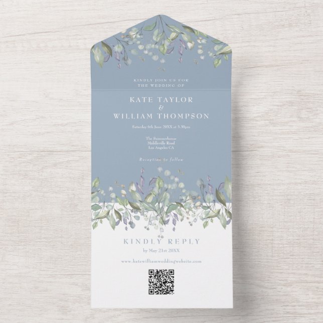 Lilac Floral Dusty Blue Monogram QR Code Wedding All In One Invitation (Inside)
