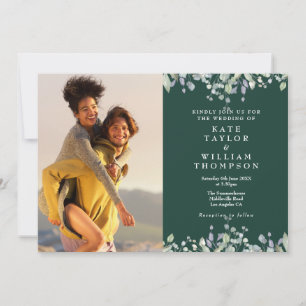 Lilac Floral Emerald Green Photo Wedding Inv Invitation
