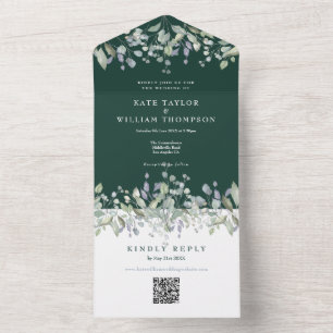 Lilac Floral Emerald Green QR Code Wedding All In One Invitation