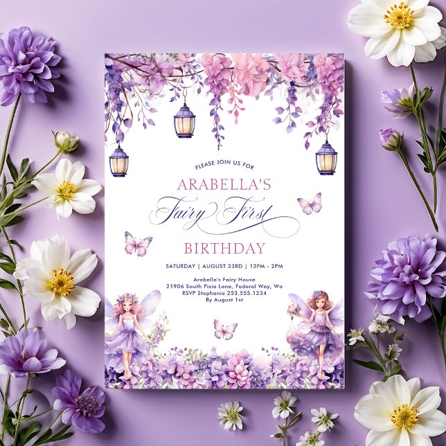 Lilac Floral Fairy First 1st Birthday Party Invitation (Lilac Floral Fairy First 1st Birthday Party Invitation)