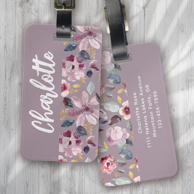 Lilac Floral Pattern Monogram  Luggage Tag (Creator Uploaded)