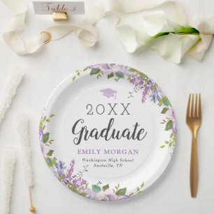 Lilac Floral Personalised Graduation Party Paper Plate