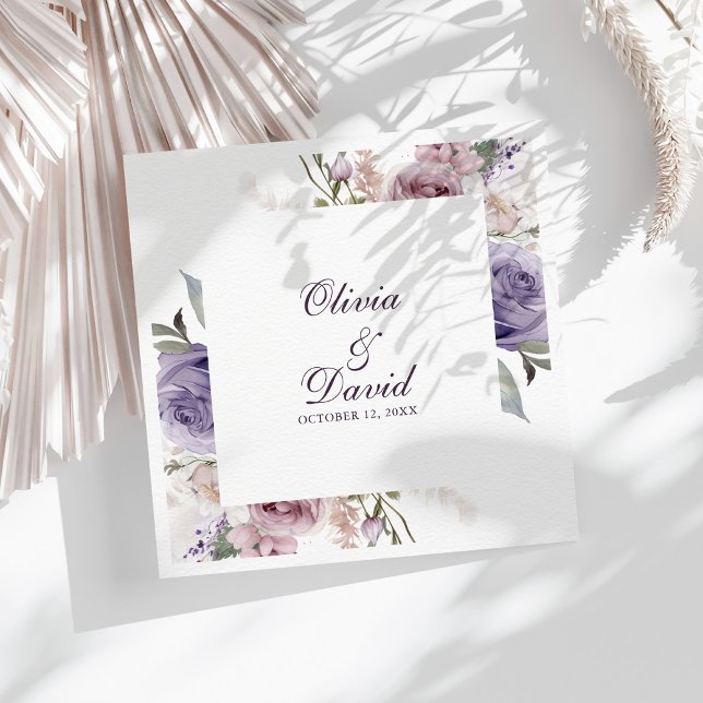 Lilac Floral Personalised Wedding Napkin (Boho Mauve and Lilac Floral Wedding Paper Dinner Napkins on a sunny table with white dry botanicals)