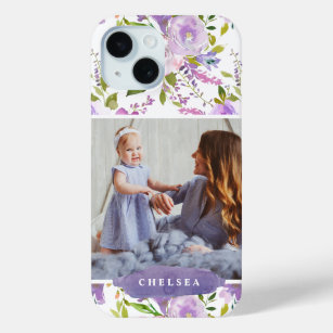 Lilac Floral Photo and Monogram iPhone 15 Case