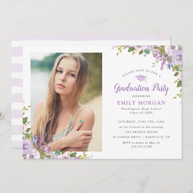Lilac Floral Photo Graduation Party Invitation (Front/Back)