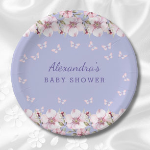 Lilac Floral Pink Butterfly Baby Shower Paper Plate