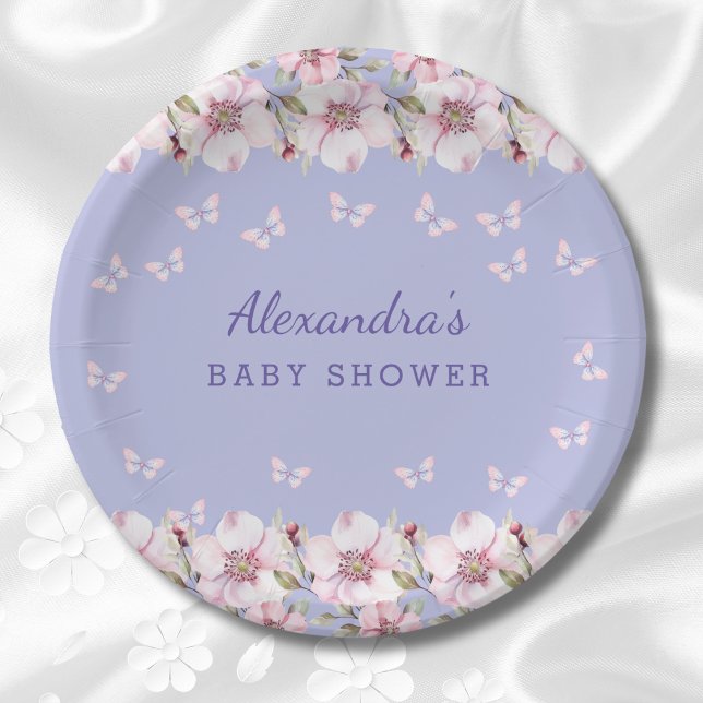 Lilac Floral Pink Butterfly Baby Shower Paper Plate (Creator Uploaded)