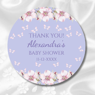 Lilac Floral Pink Butterfly Baby Shower Thank You Classic Round Sticker