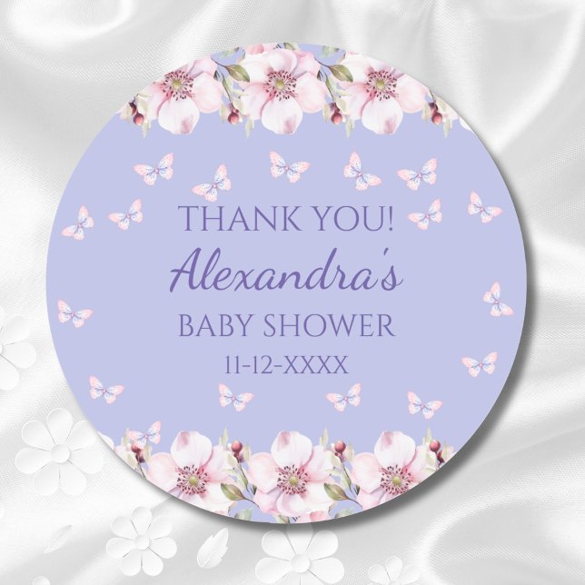 Lilac Floral Pink Butterfly Baby Shower Thank You Classic Round Sticker (Creator Uploaded)