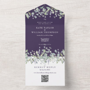 Lilac Floral Purple Monogram QR Code Wedding All In One Invitation