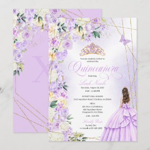 Lilac Floral Quinceañera and Gold Glitter Sweet 15 Invitation