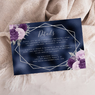 Lilac Floral Silver Navy Blue Foil Wedding Details Enclosure Card