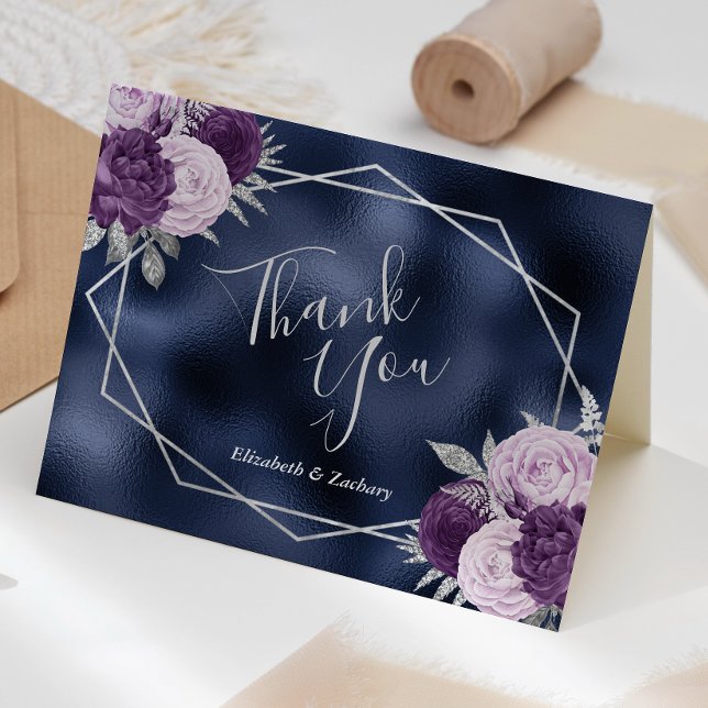 Lilac Floral Silver Navy Blue Foil Wedding Thank You Card (Creator Uploaded)