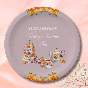 Lilac Floral Tea Party Baby Shower Paper Plate