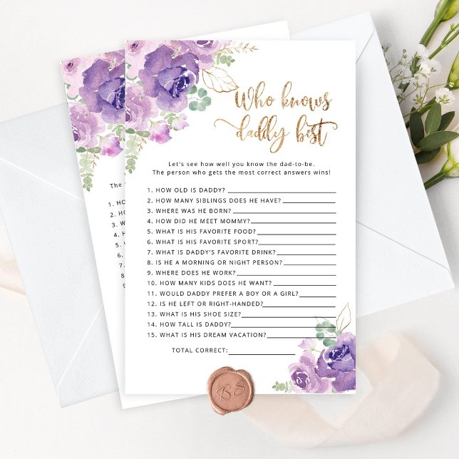 Lilac floral Who knows daddy best baby shower game (Creator Uploaded)