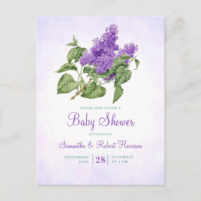 Lilac Flower Botanical Purple Green Baby Shower Invitation Postcard (Front)