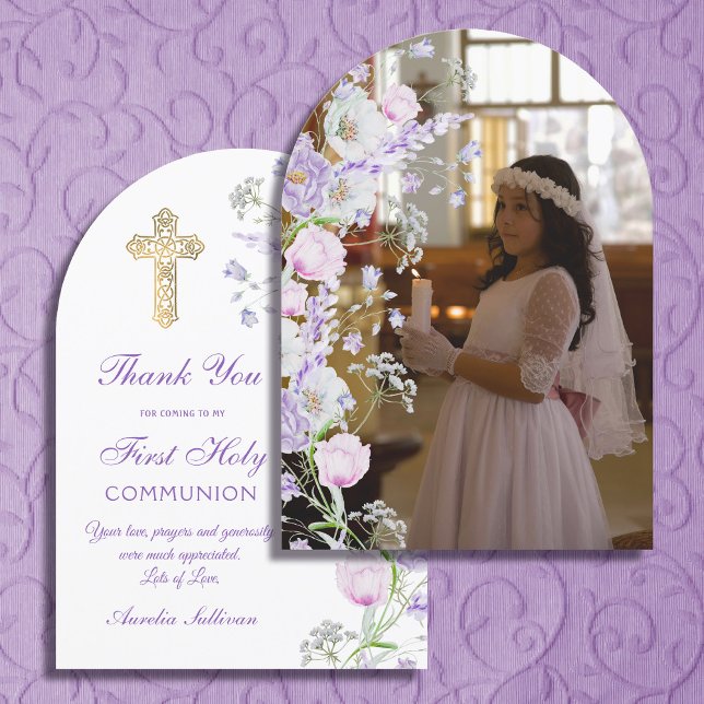 Lilac Flowers Arch First Communion Thank You Card (Creator Uploaded)