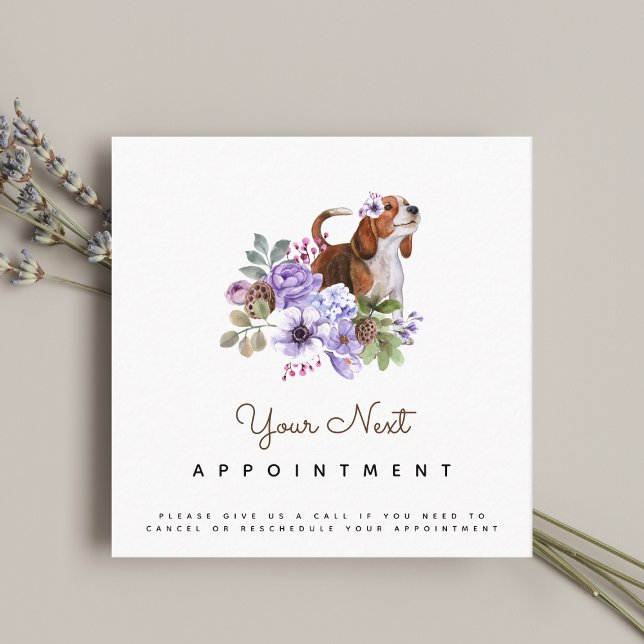Lilac Flowers & Beagle Dog Appointment Reminder Square Business Card (Creator Uploaded)