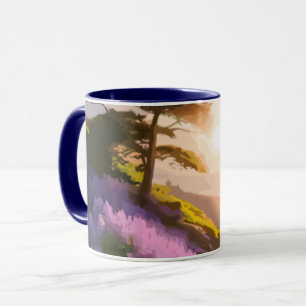 Lilac Flowers Bloom on Hill at Sunset Glow Mug