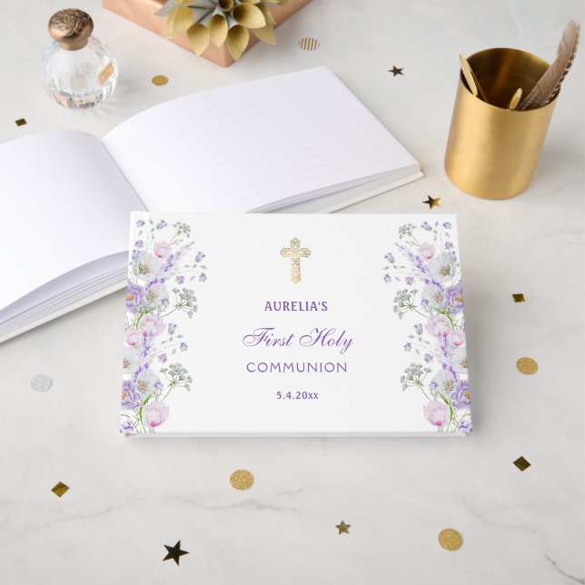 Lilac Flowers First Communion Guest Book (Front Open)