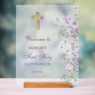 Lilac Flowers First Communion Welcome Acrylic Sign