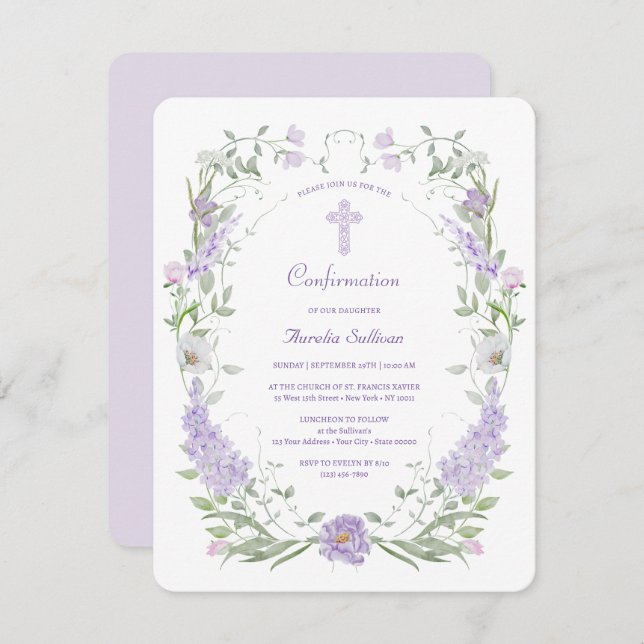 Lilac Flowers Frame Confirmation Invitation (Front/Back)