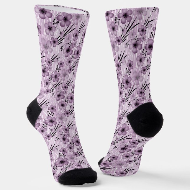 Lilac flowers pattern on tiger background socks (Angled)