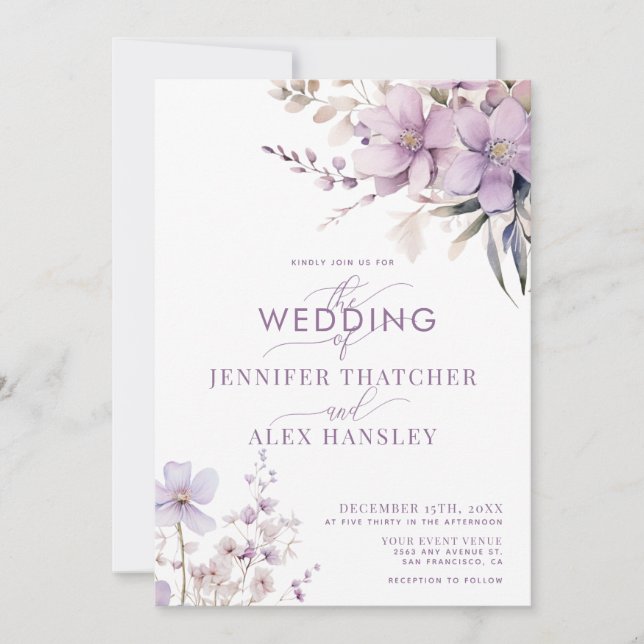 Lilac Flowers | Rustic Script Floral Wedding Invitation (Front)