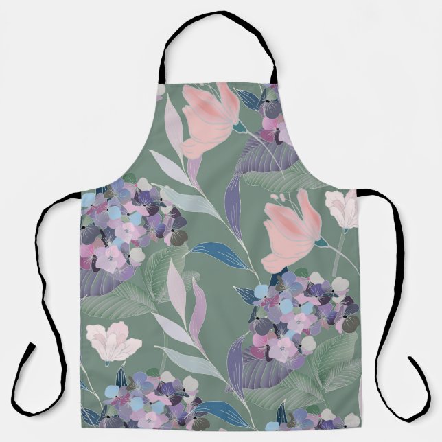 Lilac Flowers Sage Grey Pattern Apron (Front)
