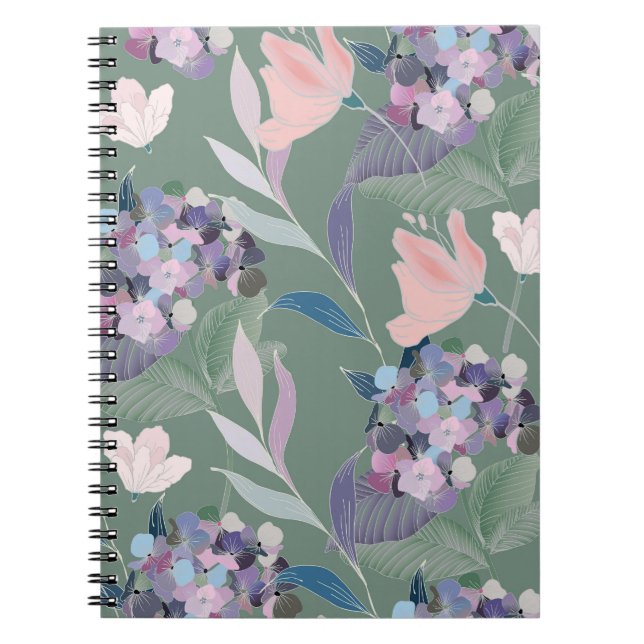 Lilac Flowers Sage Grey Pattern Notebook (Front)
