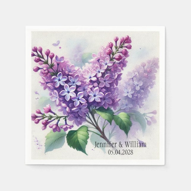 Lilac Flowers Watercolor Floral Wedding Napkin (Front)