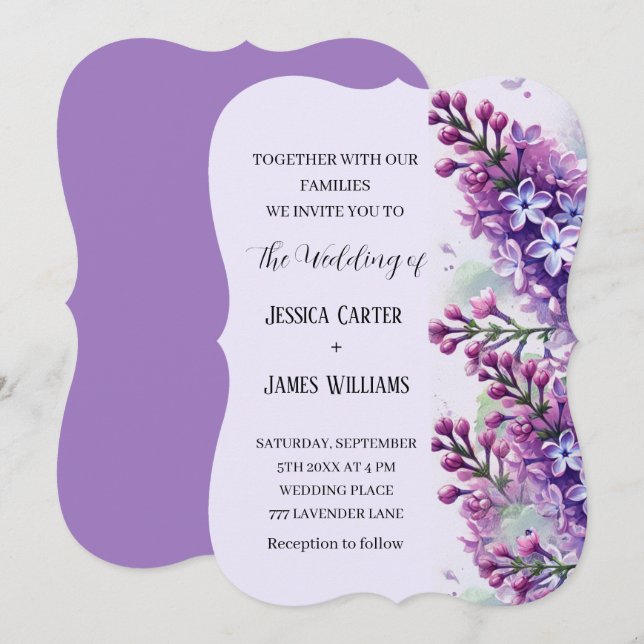 Lilac Flowers Watercolor Rustic Wedding Invitation (Front/Back)