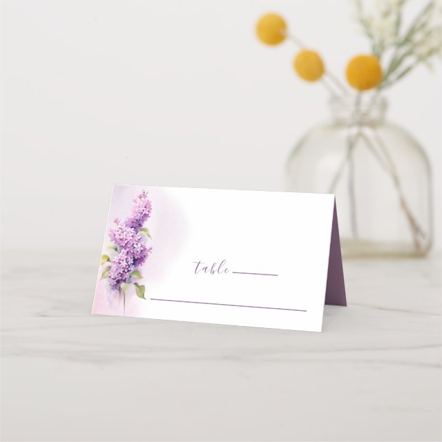 Lilac Flowers Watercolor Wedding Bible Verse Place Card (Front)