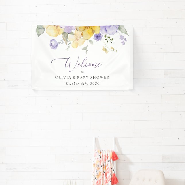 Lilac Flowers, Yellow Flowers, Baby Shower Welcome Banner (Insitu)