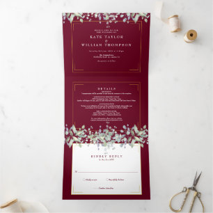 Lilac Foliage Burgundy Monogram Photo Wedding Tri-Fold Invitation