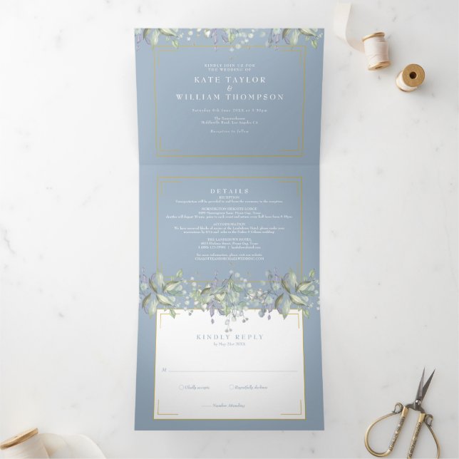 Lilac Foliage Dusty Blue Monogram Photo Wedding Tri-Fold Invitation (Inside)