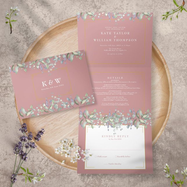 Lilac Foliage Dusty Rose Monogram Photo Wedding Tri-Fold Invitation (Creator Uploaded)