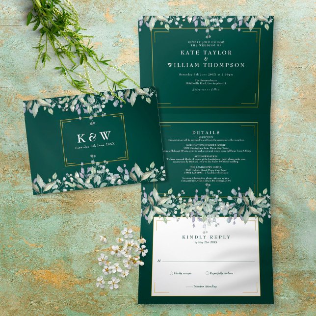 Lilac Foliage Emerald Monogram Photo Wedding Tri-Fold Invitation (Creator Uploaded)