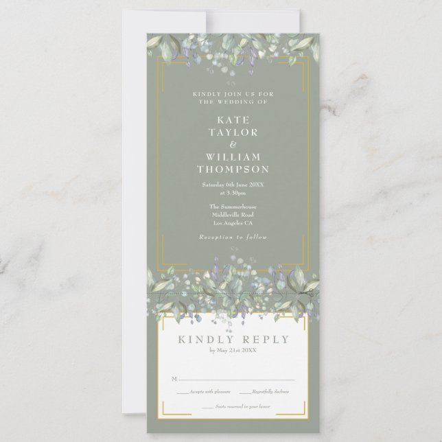 Lilac Foliage Floral Sage Green All In One Wedding Invitation (Front)