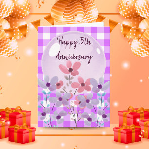 Lilac Gingham Floral 5th Wedding Anniversary Gift Card