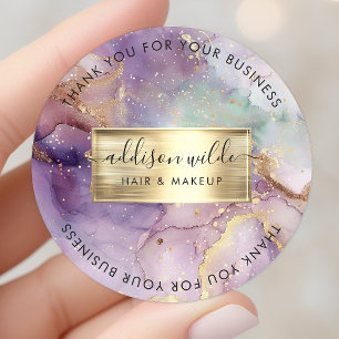 Lilac Glitter Watercolor Faux Gold Foil Thank You Classic Round Sticker