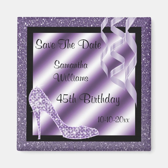 Lilac Glittery Stiletto & Streamers 45th Birthday Magnet (Front)