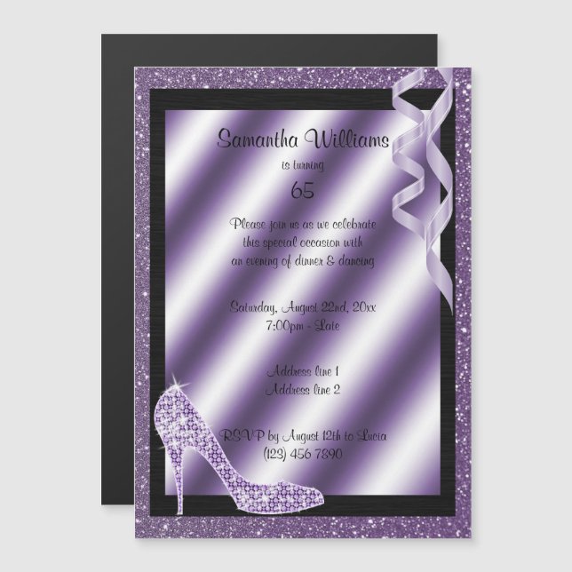 Lilac Glittery Stiletto & Streamers 65th Birthday Magnetic Invitation (Front/Back)