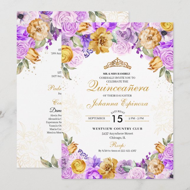 Lilac & Gold Floral Glitter Tiara Quinceanera Invitation (Front/Back)