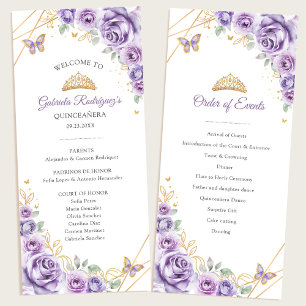 Lilac Gold Floral Quinceanera Order of Events Programme