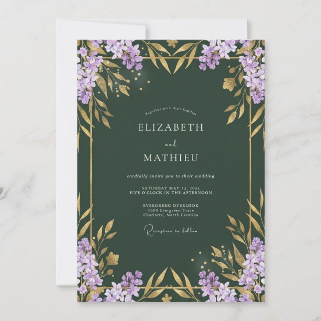 Lilac Gold Leafy Wedding Invitation (Front)