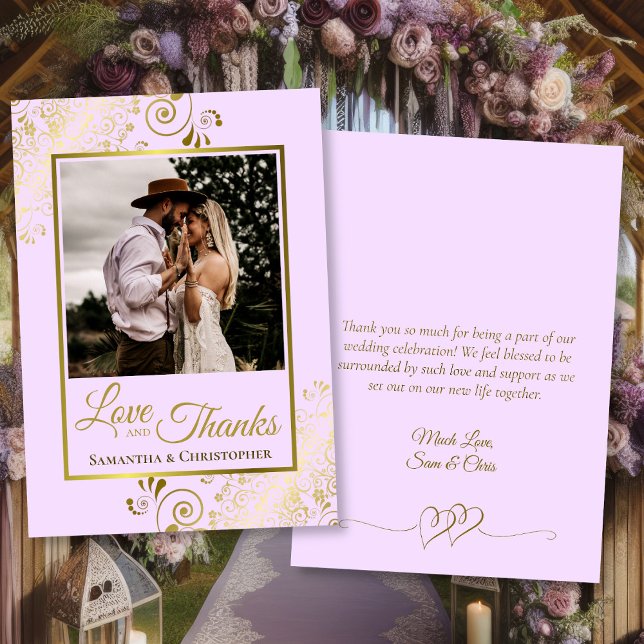 Lilac & Gold Love Thanks Photo & Note Wedding Thank You Card (Front/Back)